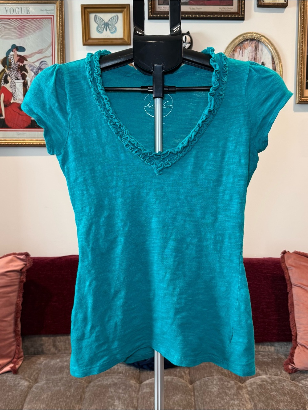 INC Y2K Teal Ruffled V-Neck Short Sleeve Top